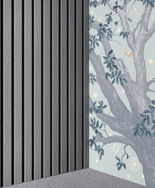 Акустическая панель, черный войлок, 2750х600х21мм, рейки МДФ, шпон дуб ардженто светло-серый